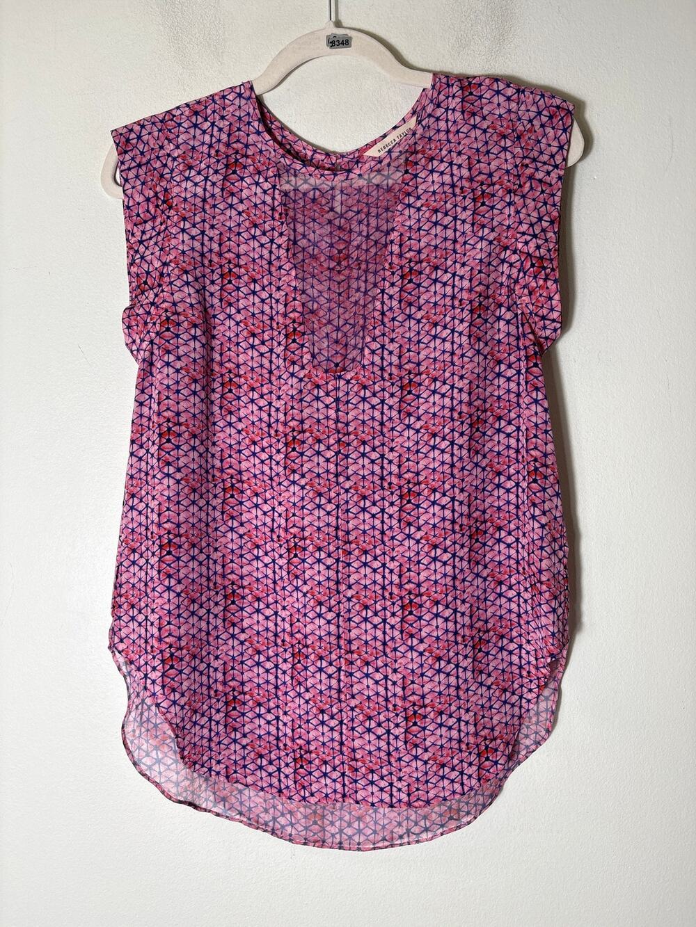 Rebecca Taylor Pink Navy Print Cap Sleeve Silk Top Sz 2